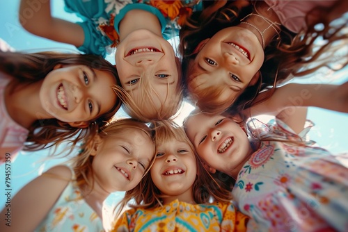 Bunch of cheerful joyful cute little children playing together and having fun. happy kids huddling, looking down at camera and smiling. view from below. Friendship concept - generative ai