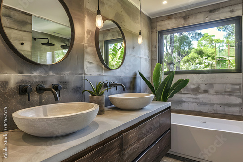 Contemporary modern bathroom interior in grey colors  concrete and marble elements.
