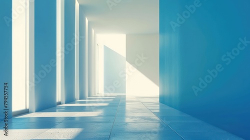 Interior view of an empty modern minimalist room in shades of blue