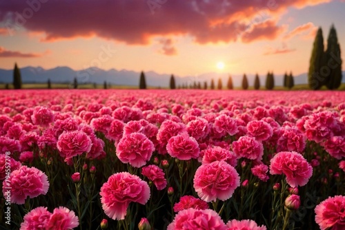 Fresh field of carnation flowers blooming in nature, spring and summer blossoms #794557778