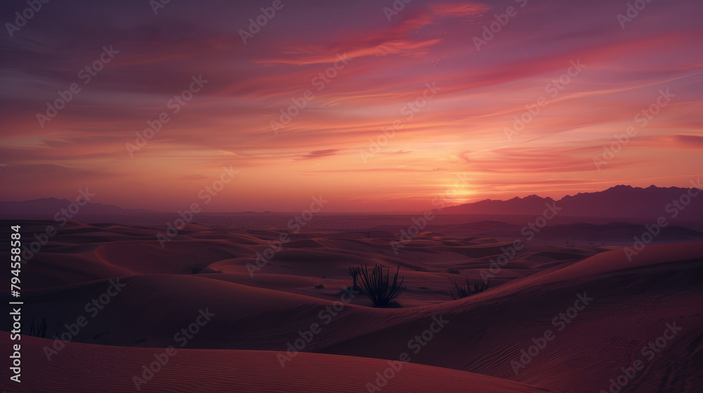 Vast desert under a serene twilight with rolling sand dunes and lone cacti Vast desert under a serene twilight with rolling sand dunes and lone cacti