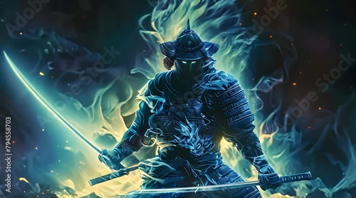 Blue glowing samurai made with Ai generative technology
