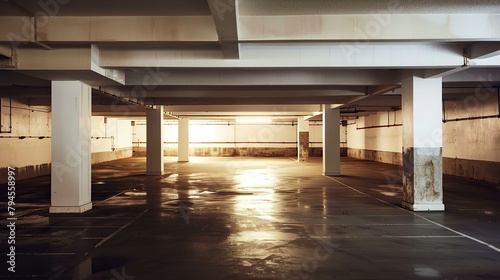 an empty garage white, brown ground with some light on the roof
