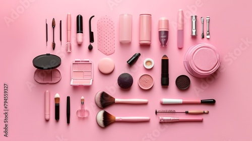 Flat lay composition with cosmetic products and flowers on pink background.