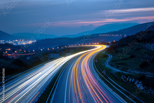 Abstract light trails background, multicolored traffic lines in big city.