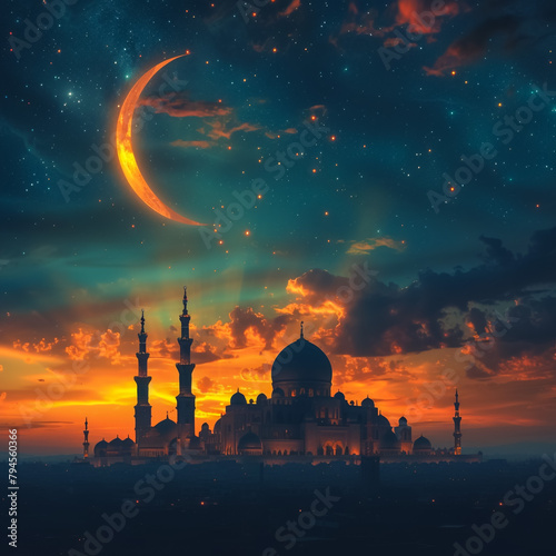 A picture of a mosque with a crescent moon and stars in the night sky and the text ‘Ramadan Mubarak’ in Arabic and English
