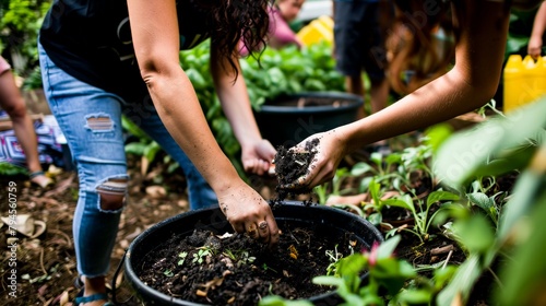 A workshop on composting held in a lush garden, educating on reducing waste and enriching soil, aligning with sustainable practices. photo