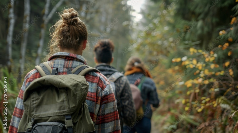 A group of friends hike through a scenic forest backs to the camera as they take in the beauty of surroundings and enjoy . .