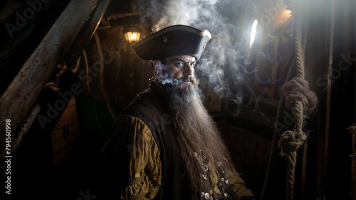 Bearded male pirate Captain inside a Pirate ship resembling Edward Teach photo