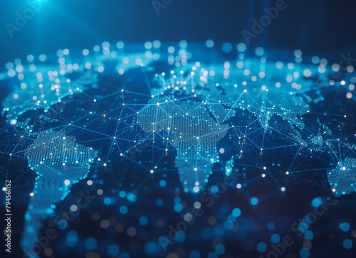 Abstract blue background with a world map and global network connection lines on a globe, representing a business technology concept for internet communication