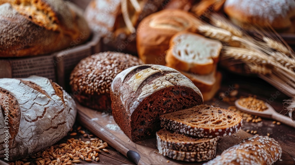 Assortment of bread varieties on a wooden surface crafted from different grains and cereals