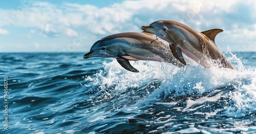 Three dolphins jumping out of the water on top of an ocean wave, with a beautiful blue sky © Glebstock
