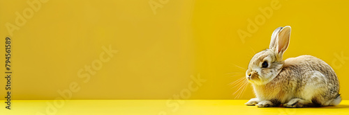 Fluffy bunny animal shelter volunteer banner. Cute bunny on yellow background with copy space. photo
