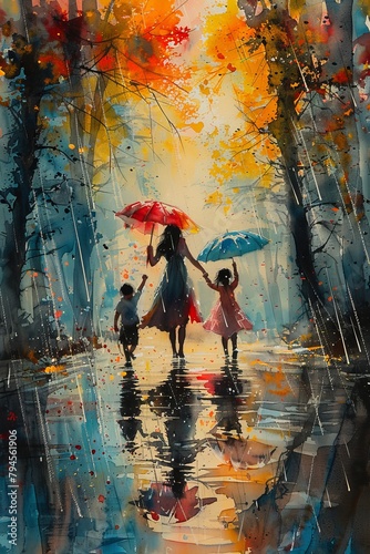 A mom holding hands with kids in the rain in a watercolor style illustration. They are walking down a path with trees.  © Elle Arden 