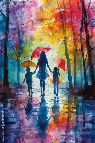 A mom holding hands with kids in the rain in a watercolor style illustration. They are walking down a path with trees. 