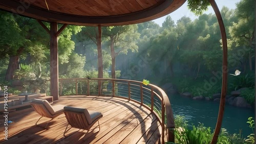 Wander through the idyllic setting of a traditional woodland resort enveloped by the captivating scenery of a majestic forest in this mesmerizing 4K loop. photo