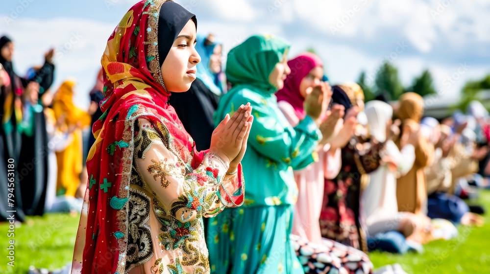 An Eid prayer gathering in an open field, bringing together a diverse community in celebration, marked by colorful attire and joyful expressions.