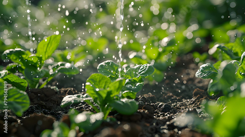 Watering plants and vegetables in the field using drip irrigation system. Close-up shot, ideal for agriculture and sustainability concepts.