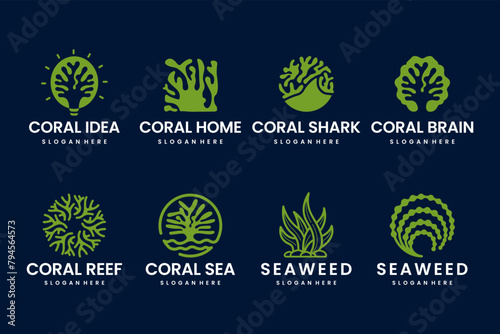 Set of coral reef and seaweed combination vector logo design premium