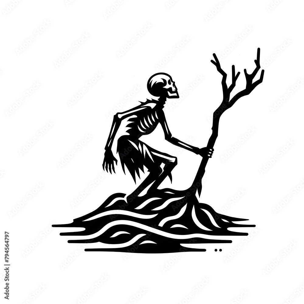 illustration logo design of a skull skeleton holding a tree