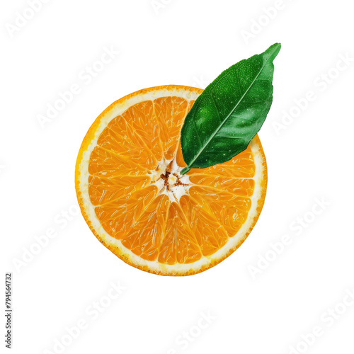 An orange complete with a vibrant green leaf sliced into two halves stands out on a transparent background showcasing its cross section photo