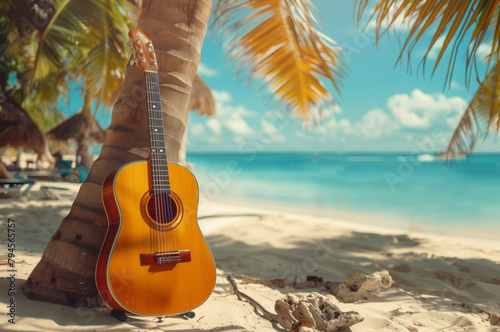 acoustic guitar leaning against palm tree on the beach, blurred background of people in the water and sand, beautiful soft light