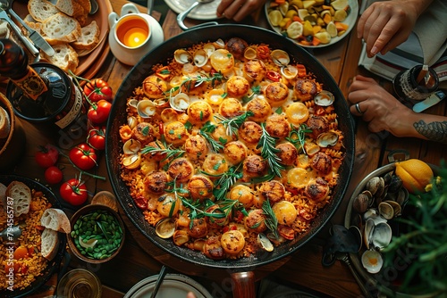 Group enjoying paella at table with ingredients and cookware photo