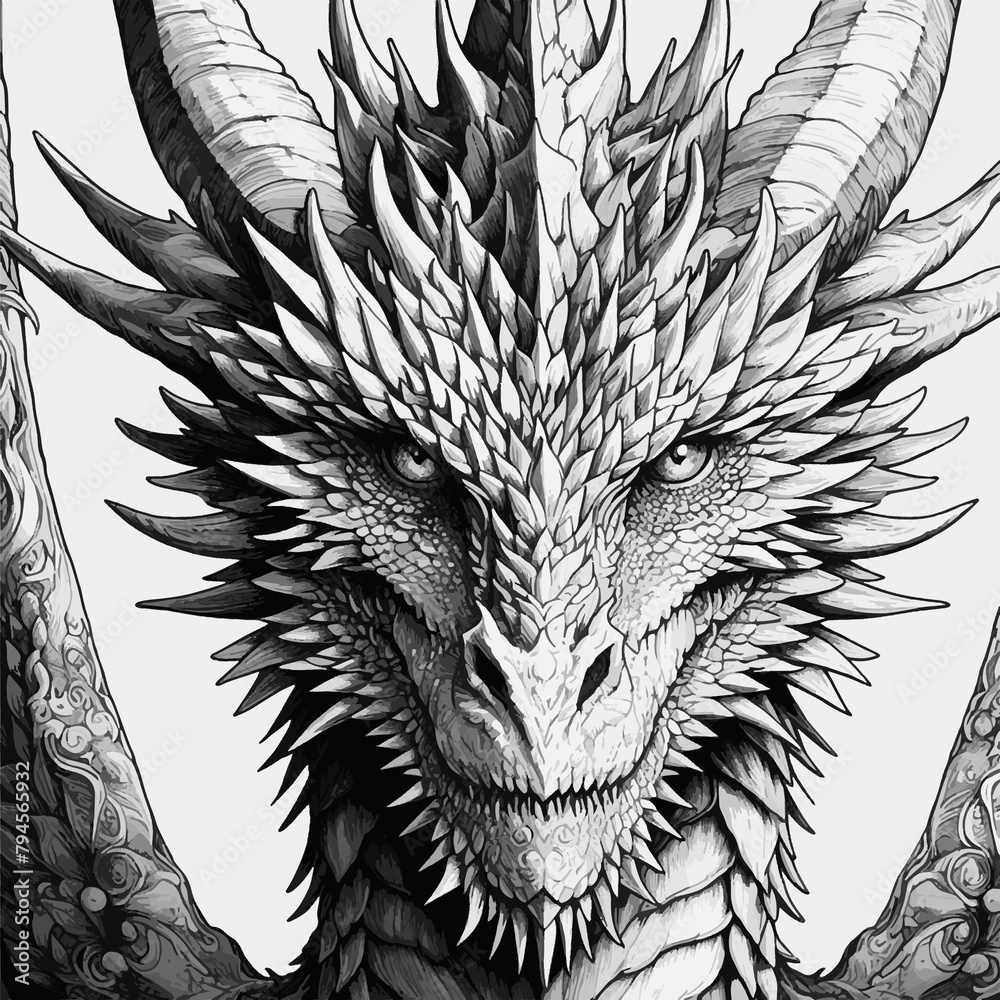 Obraz premium Dragon Head Closeup Adult Coloring Page Black and White