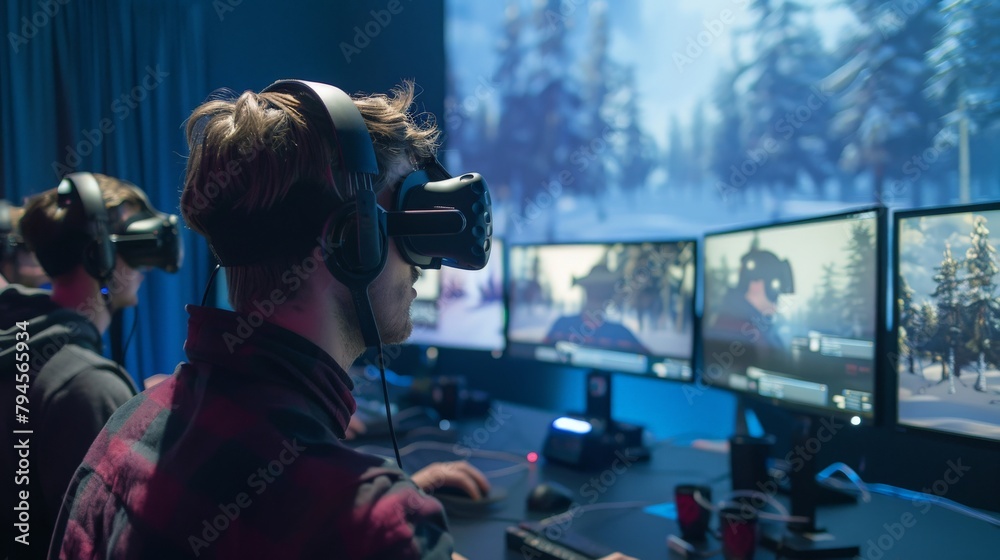 A behind-the-scenes look at game developers testing a new VR experience, wearing headsets and analyzing data on monitors, giving insight into the creative process behind immersive games. A behind-the-scenes look at game developers testing a new VR experience, wearing headsets and analyzing data on monitors, giving insight into the creative process behind immersive games.
