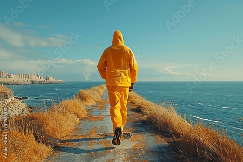 A man in a yellow suit strolls along the shore by the sparkling ocean