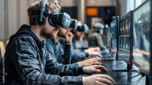 A behind-the-scenes look at game developers testing a new VR experience, wearing headsets and analyzing data on monitors, giving insight into the creative process behind immersive games.