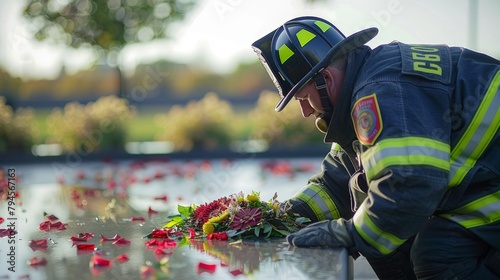A solemn moment captured as a firefighter places a wreath at the base of a memorial honoring those who sacrificed their lives in the line of duty. .