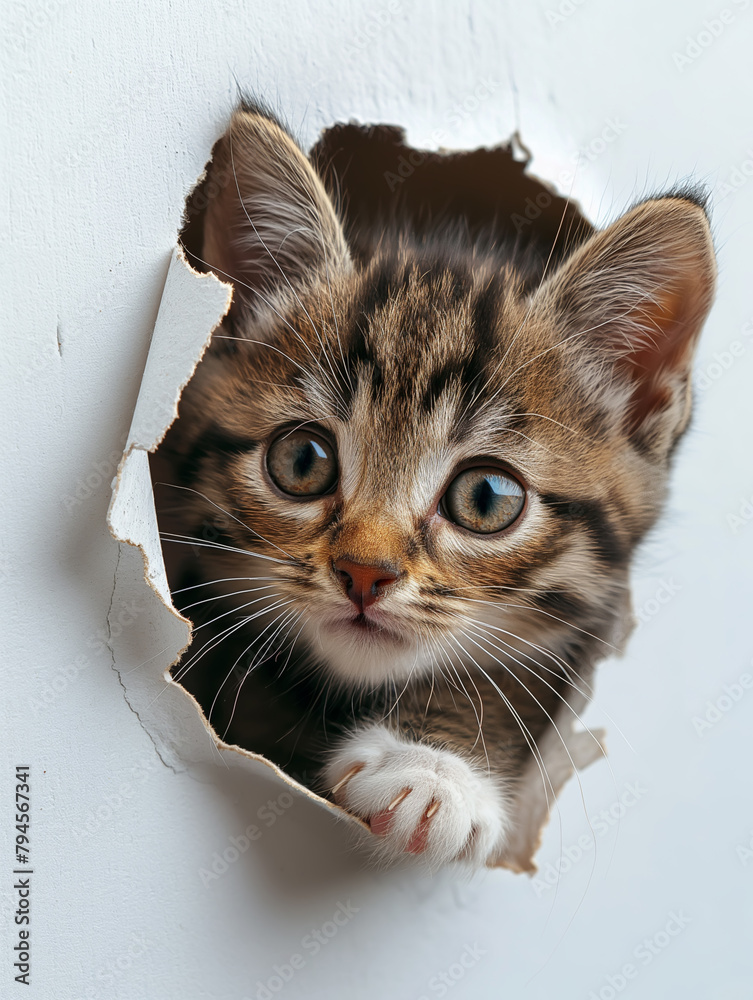Naklejka premium Cute kitten sticking its head out of the hole in paper background