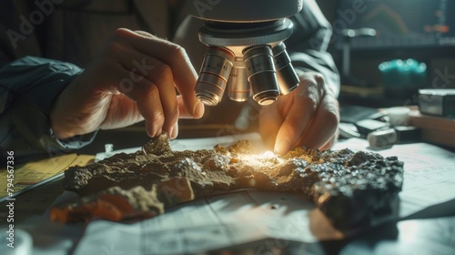A closeup shot of a geologists hands carefully maneuvering a delicate rock sample under a microscope. The bright light from the microscope illuminates the intricate details of the . photo