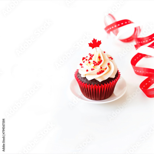Cupcake with Canadian maple leaf flag decorated with red ribbon on white background.