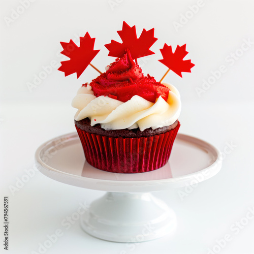 Happy Canada Day celebration cupcakes with red and white maple leaf flag on white cake stand against a white background.