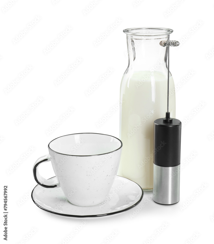 Mini mixer (milk frother), cup and bottle isolated on white Mini mixer (milk frother), cup and bottle isolated on white