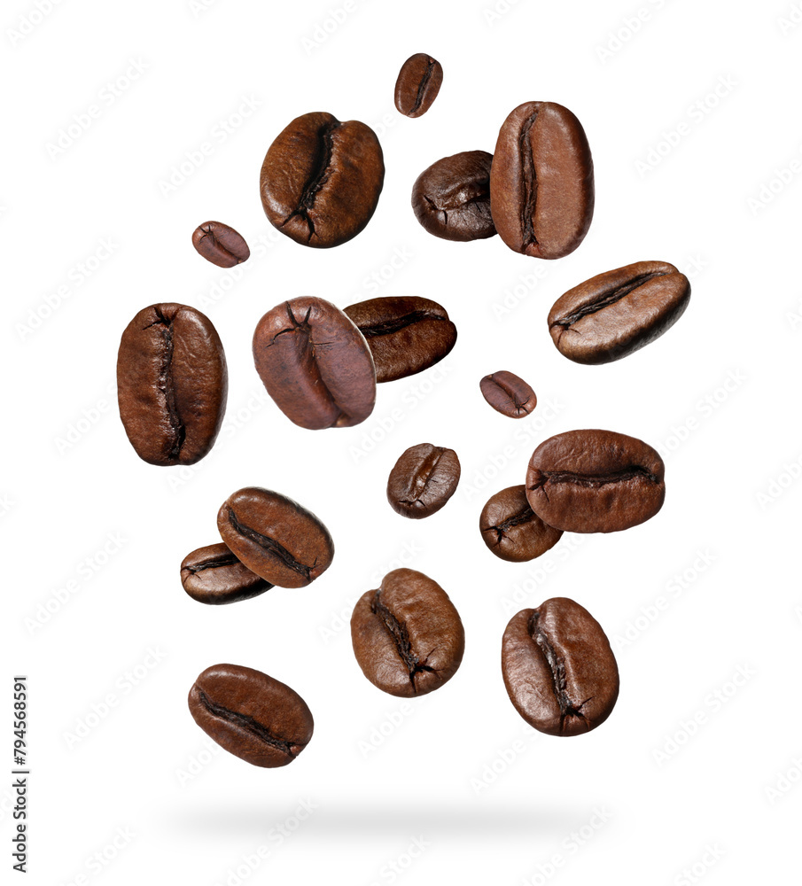 Roasted coffee beans falling on white background - obrazy, fototapety, plakaty 