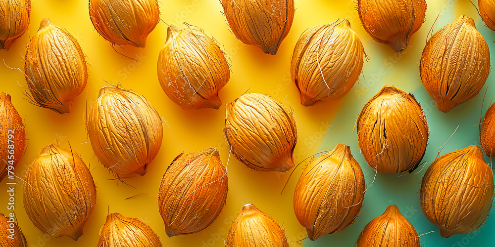 Symmetrical coconut arrangement on yellow background Symmetrical coconut arrangement on yellow background