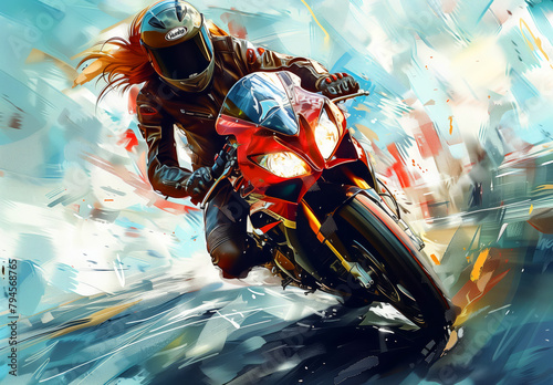 Superbike woman motorcycle rider on the road, dynamic concept motor art , high speed