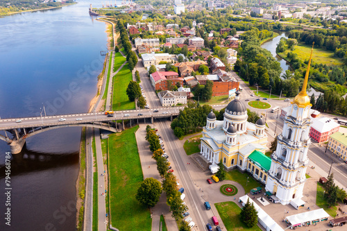 Aerial view of the administrative center of the city of Rybinsk with the Transfiguration Cathedral, as well as the original ..road bridge over the Volga River on a summer day, Russia photo