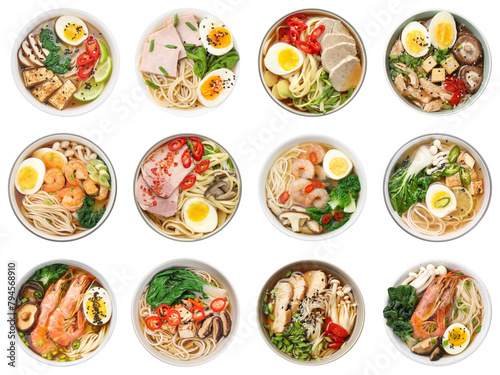 Set with bowls of delicious ramen with different ingredients isolated on white, top view. Noodle soup