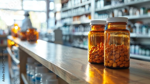 Brightly lit pharmacy shelf with amber bottles filled with pills, suggesting healthcare, wellbeing, and medical themes. Copy space.