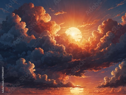Beautiful sunset sky above clouds with dramatic light with landscape