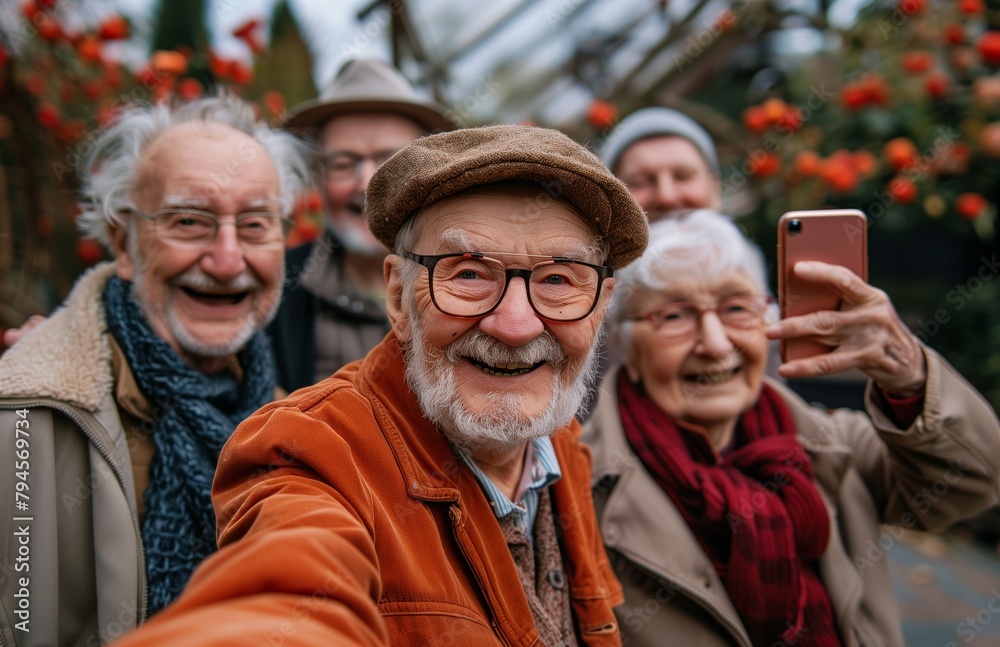 Group of smiling funny elderly people taking a selfie outdoors, very positive vibe Group of smiling funny elderly people taking a selfie outdoors, very positive vibe
