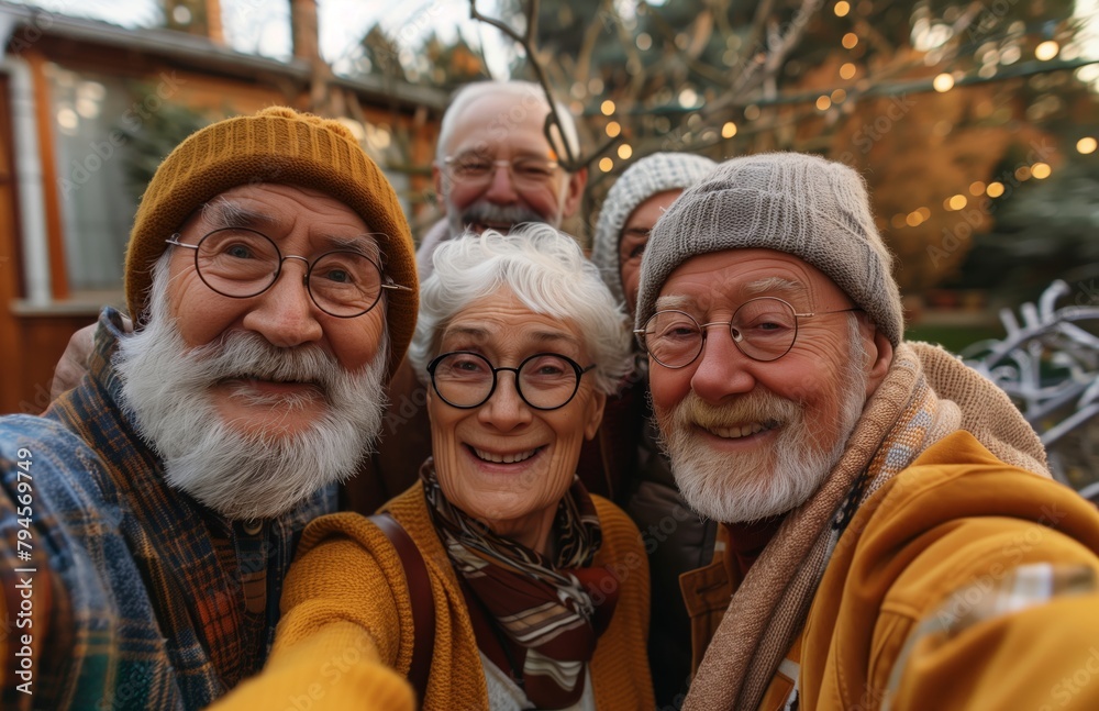 Group of smiling funny elderly people taking a selfie outdoors, very positive vibe Group of smiling funny elderly people taking a selfie outdoors, very positive vibe