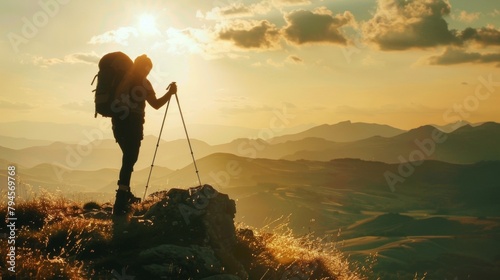 A silhouette of a hiker backpack and walking stick in hand stands atop a hill taking in the breathtaking view of the rugged terrain . . photo