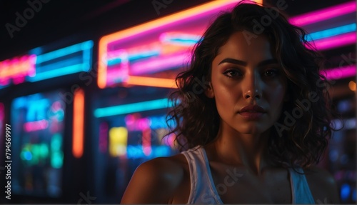 colorful glowing neon lights on hispanic beautiful woman in dark background from Generative AI