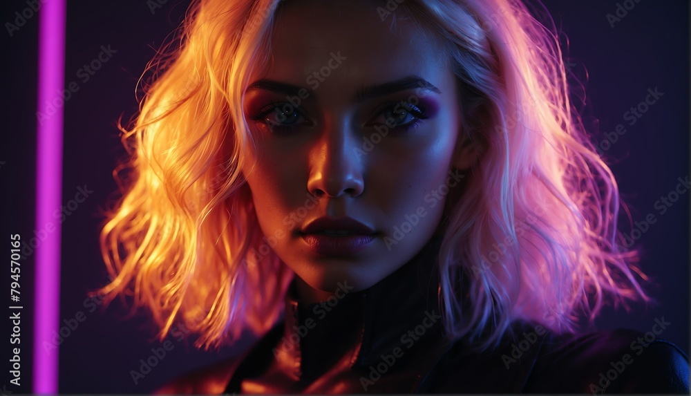 purple glowing neon lights on blonde beautiful woman in dark background from Generative AI