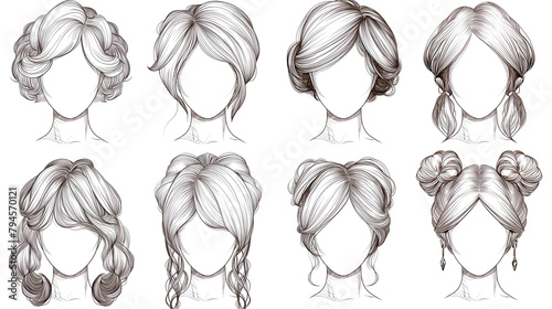 Pencil sketch drawing with collection of wigs, vintage style.